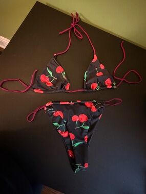 Cherry Print String Bikini Top and Bottom - Black/Red